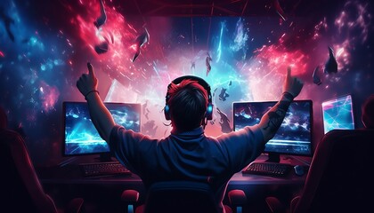 Professional E-Sports gamer rejoices in the victory in blue light game room background, Portrait of a young man in headphones playing video games on the console