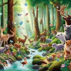 magical forest filled with a variety of animals, each with their own distinct style and personality. Watch as they roam freely against a backdrop of towering trees and sparkling streams