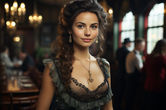 Portrait of young stylish and luxury woman in 1800s clothes style