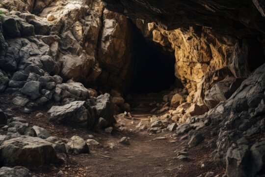 A picture of a cave entrance with rocks and dirt on the ground. This image can be used to depict adventure, exploration, or nature-themed concepts