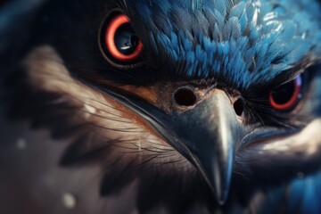 A close-up view of a bird with striking red eyes.  - obrazy, fototapety, plakaty