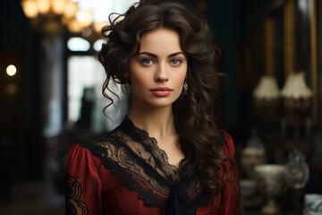 Portrait of young stylish and luxury woman in 1800s clothes style
