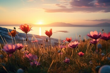 A beautiful image of a field of flowers with the sun setting in the background. Perfect for nature and landscape themes.