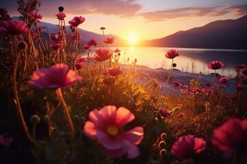 A beautiful field of pink flowers situated next to a tranquil body of water. 