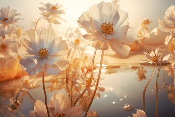 A beautiful field of white flowers with the sun shining in the background. Perfect for nature and floral themes.