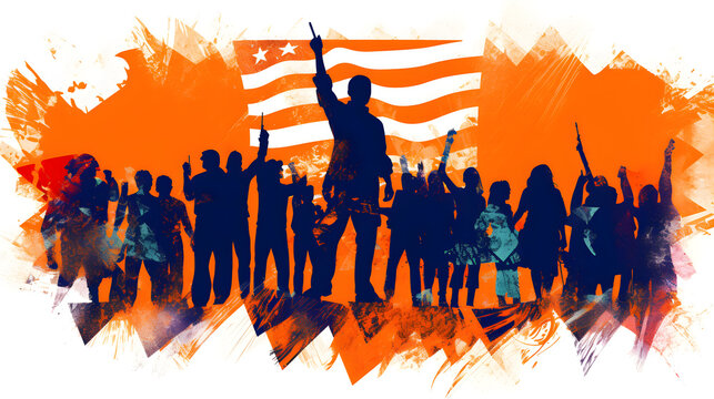 hombres americanos USA, poder y libertad derechos humanos bandera americana colores brillantes, marcha y protestas