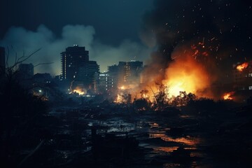 Obraz premium An intense and vibrant cityscape filled with flames and fire. 