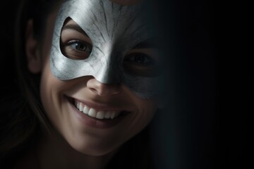 A woman wearing a silver mask on her face. Perfect for masquerade parties or mysterious themed events