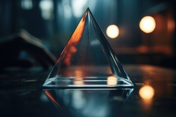 A glass pyramid is placed on a table with a blurry background. This image can be used to represent concepts such as mystery, elegance, and modernity in various design projects