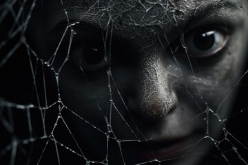 A close up view of a person's face partially obscured by a spider web.  - Powered by Adobe