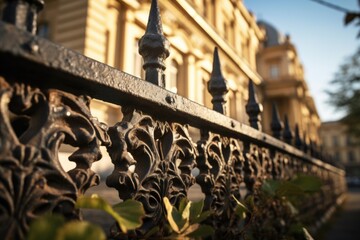 Obraz premium A detailed view of a fence with a building in the background. This image can be used to depict urban or rural settings, construction projects, or architectural designs