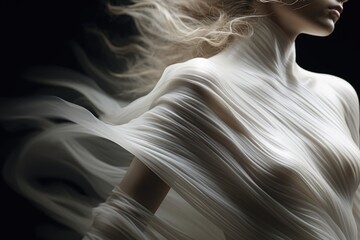 A woman wearing a white dress and with long flowing hair. This image can be used for fashion, beauty, or bridal concepts