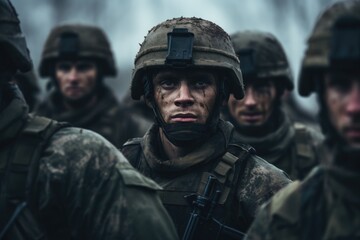 Fototapeta premium A picture of a group of soldiers standing in a line. This image can be used to depict military training, unity, discipline, or teamwork