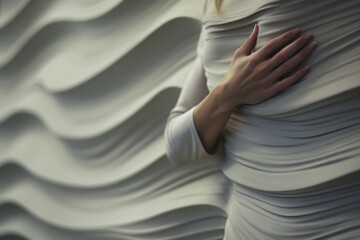 A woman standing with her hands gently resting on her stomach. This image can be used to depict pregnancy, motherhood, or health and wellness concepts