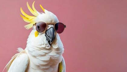 closeup of white cockatoo parrot wearing sunglasses domestic pet bird animal solid pink pastel background tropical summer vacation concept web banner funny birthday party card invitation - obrazy, fototapety, plakaty
