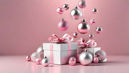 Fototapeta na wymiar white gift box with pink ribbon metallic silver and pink christmas ball ornaments floating shape look like christmas tree on pink background 3d rendering 3d illustration christmas and new year style