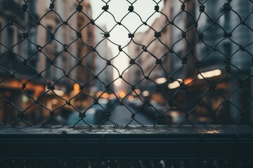 A view of a city captured through a chain link fence. This image can be used to depict urban landscapes or the concept of barriers and boundaries in cities - Powered by Adobe