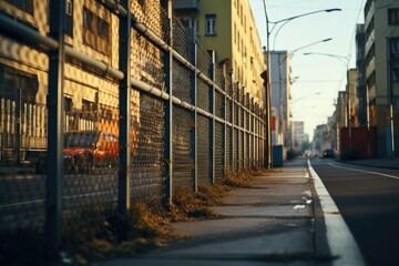 A view of a city street lined with towering buildings next to a fence. 