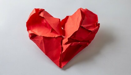 crumpled and torn red heart shape paper on white background broken heart concept