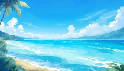 Fototapeta na wymiar summer blue ocean with clear blue sky illustration in anime background style digital art painting style