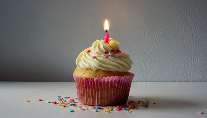 birthday cupcake with candle on background ai generative image