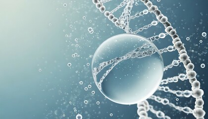 cosmetic water bubble dna and mrna background with cell droplets and copy space full frame macro light blue and white concept 3d illustration of helix as beauty care and science display