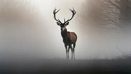Stof per meter red deer stag silhouette in the mist © Florence