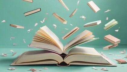 open books flying and falling around on a pastel mint background generative ai