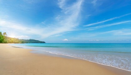 Fototapeta na wymiar beautiful sandy beach and sea with clear blue sky background amazing beach blue sky sand sun daylight relaxation landscape view in phuket island thailand for summer and travel background