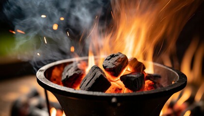 barbecue grill pit with glowing and flaming hot charcoal briquettes close up - obrazy, fototapety, plakaty