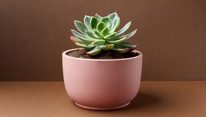 indoor houseplant succulent in pink ceramic pot on brown background generative ai