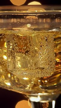 Macro shot of ice cube falls in champagne wineglasses with bubbles on background of luminous golden blurred lights. Sparkling wine. Drink
