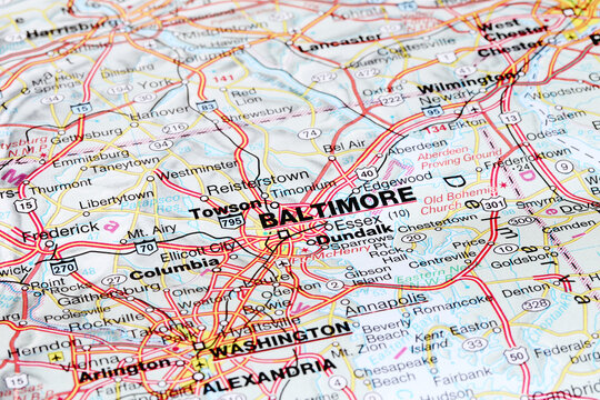 Baltimore, United States - November 29, 2023: Baltimore city road map. Closeup macro view