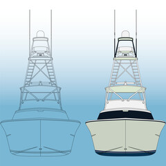 High quality front view fishing boat vector art illustration and line art Which printable on various materials