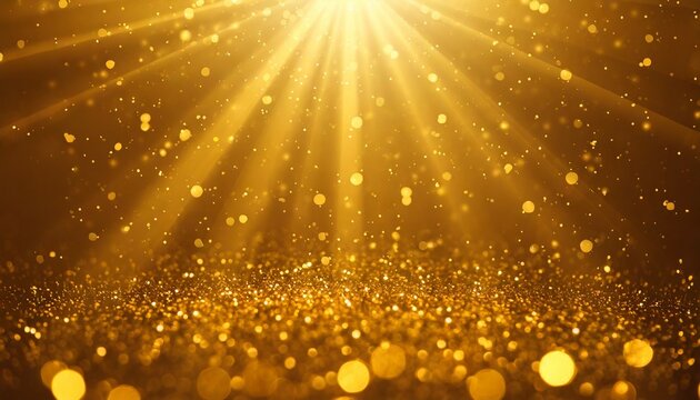 golden sunray with sparkles or gold particle glitter light merry christmas festive background defocused circle particle bokeh abstract gold background
