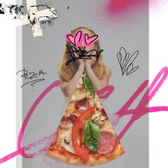 Little emotional girl with pizza slice over grey abstract background. Favorite food. Contemporary art collage. Concept of food, creativity, surrealism, imagination, childhood, Italian food