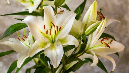 beautiful white lilies on light background closeup