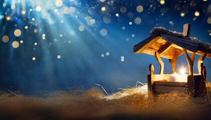 nativity scene christian christmas concept birth of jesus christ wooden manger in dark blue night banner copy space jesus is reason for season salvation messiah emmanuel god with us hope - obrazy, fototapety, plakaty