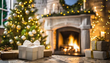christmas tree and holidays present on fireplace background