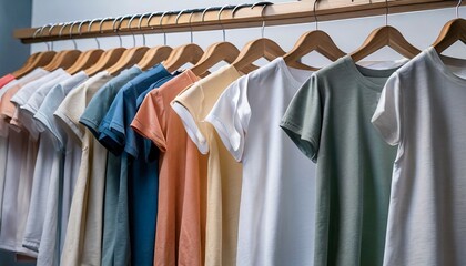 a collection colorful t shirts on hang for sale in shop multicolored t shirts summer top on a wooden clothes hanger in clothing rack over
