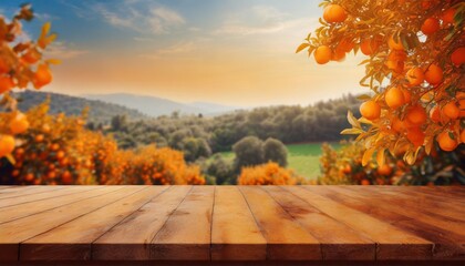 Naklejka na ściany i meble backdrop orange landscape empty wood table with free space above orange trees product display montage generative ai
