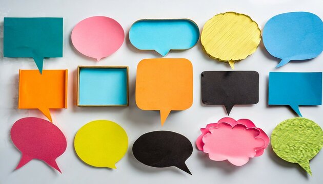collection set of colorful blank cut out paper cardboard speech bubbles of rectangular and round shape with copy space for text on or white background