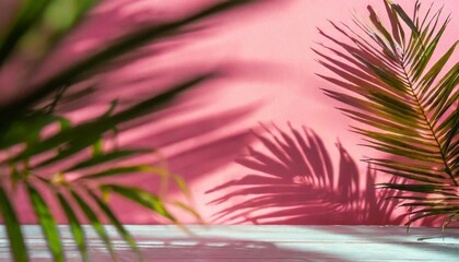 Fototapeta na wymiar blurred shadow of tropical palm leaves on pink wall background summer concept