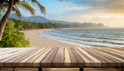 long wooden table with beach landscape blur background - Powered by Adobe