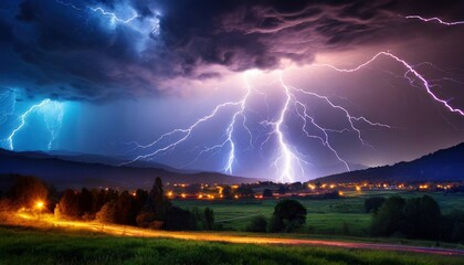 captivating energy glowing lightning electrifies the night sky casting an enchanting glow on the surrounding landscape ai generative
