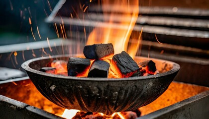barbecue grill pit with glowing and flaming hot charcoal briquettes close up - obrazy, fototapety, plakaty