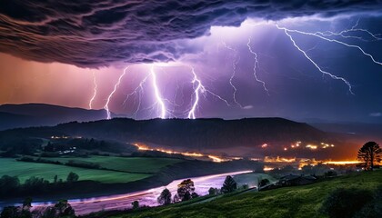 captivating energy glowing lightning electrifies the night sky casting an enchanting glow on the...