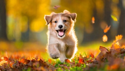 funny happy cute dog puppy running smiling in the leaves golden autumn fall background