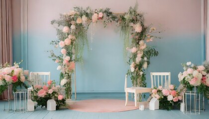 Fototapeta na wymiar wedding backdrop aesthetic flower decoration pastel color indoor minimalist studio background