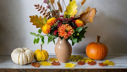 Naklejka na ściany i meble a vase with an arrangement of autumn flowers and leaves placed next to pumpkin decor
